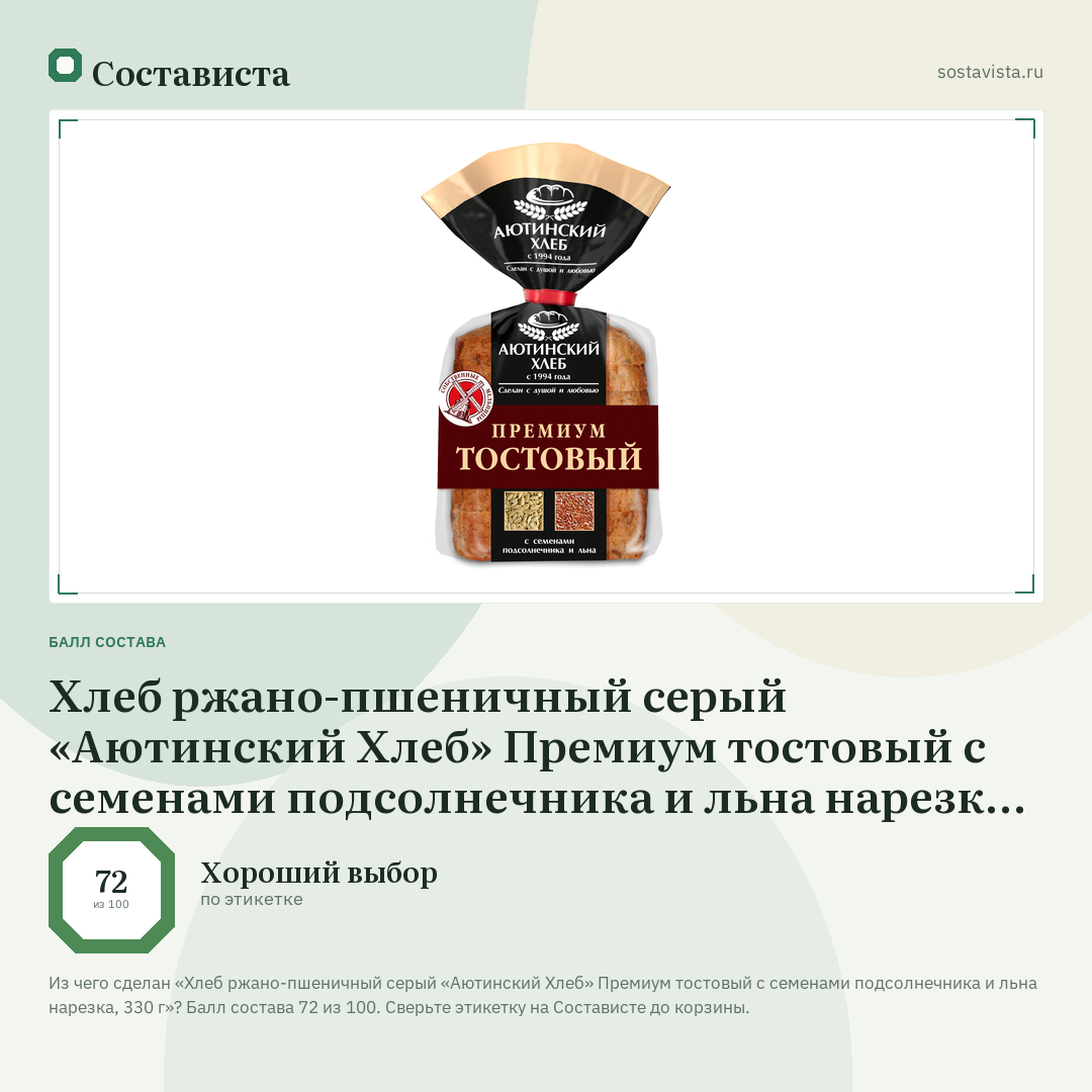 Хлеб ржано-пшеничный серый «Аютинский Хлеб» Премиум тостовый с семенами подсолнечника и льна нарезка, 330 г: балл состава 72 из 100 — Состависта
