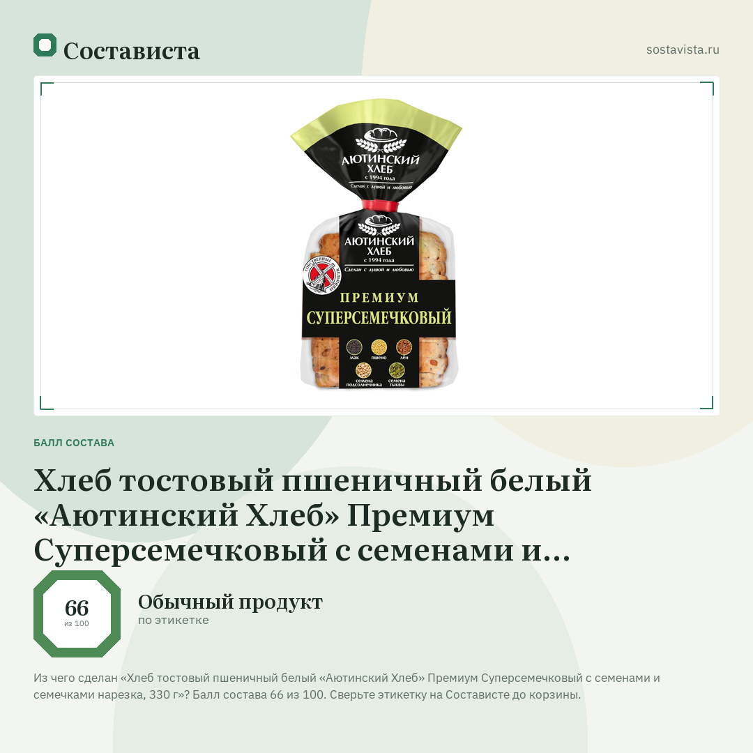 Хлеб тостовый пшеничный белый «Аютинский Хлеб» Премиум Суперсемечковый с семенами и семечками нарезка, 330 г: балл состава 66 из 100 — Состависта