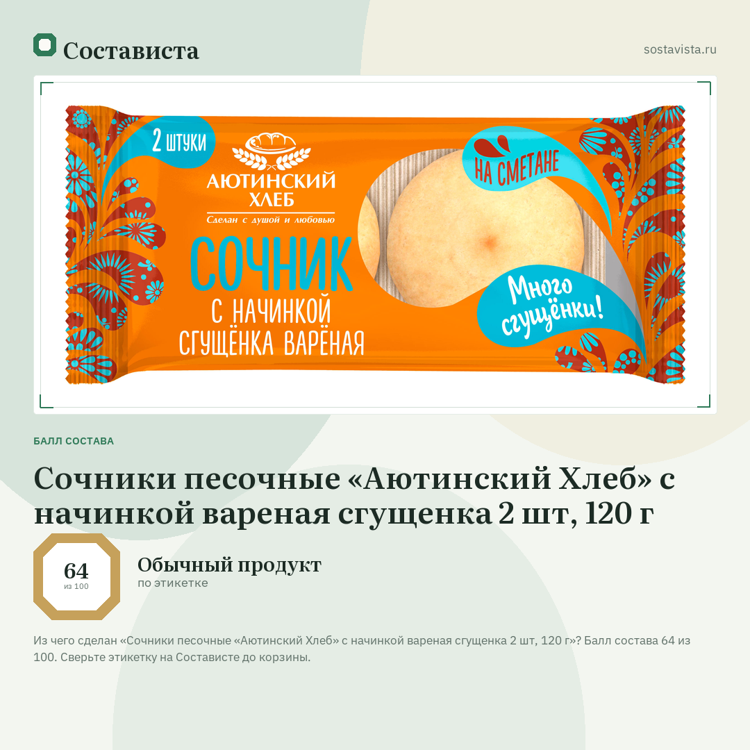Сочники песочные «Аютинский Хлеб» с начинкой вареная сгущенка 2 шт, 120 г: балл состава 64 из 100 — Состависта