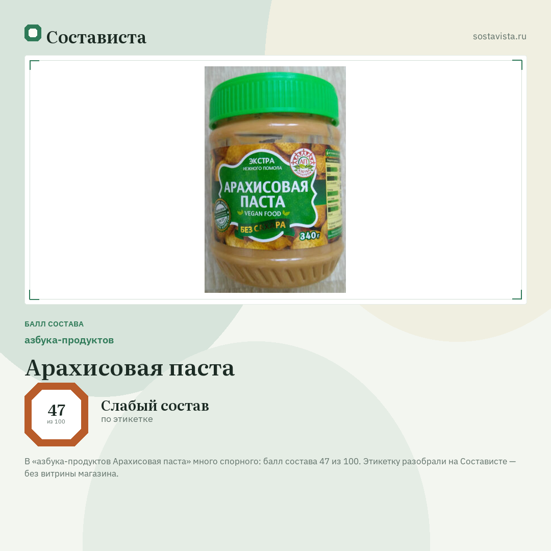 азбука-продуктов Арахисовая паста: балл состава 47 из 100 — Состависта