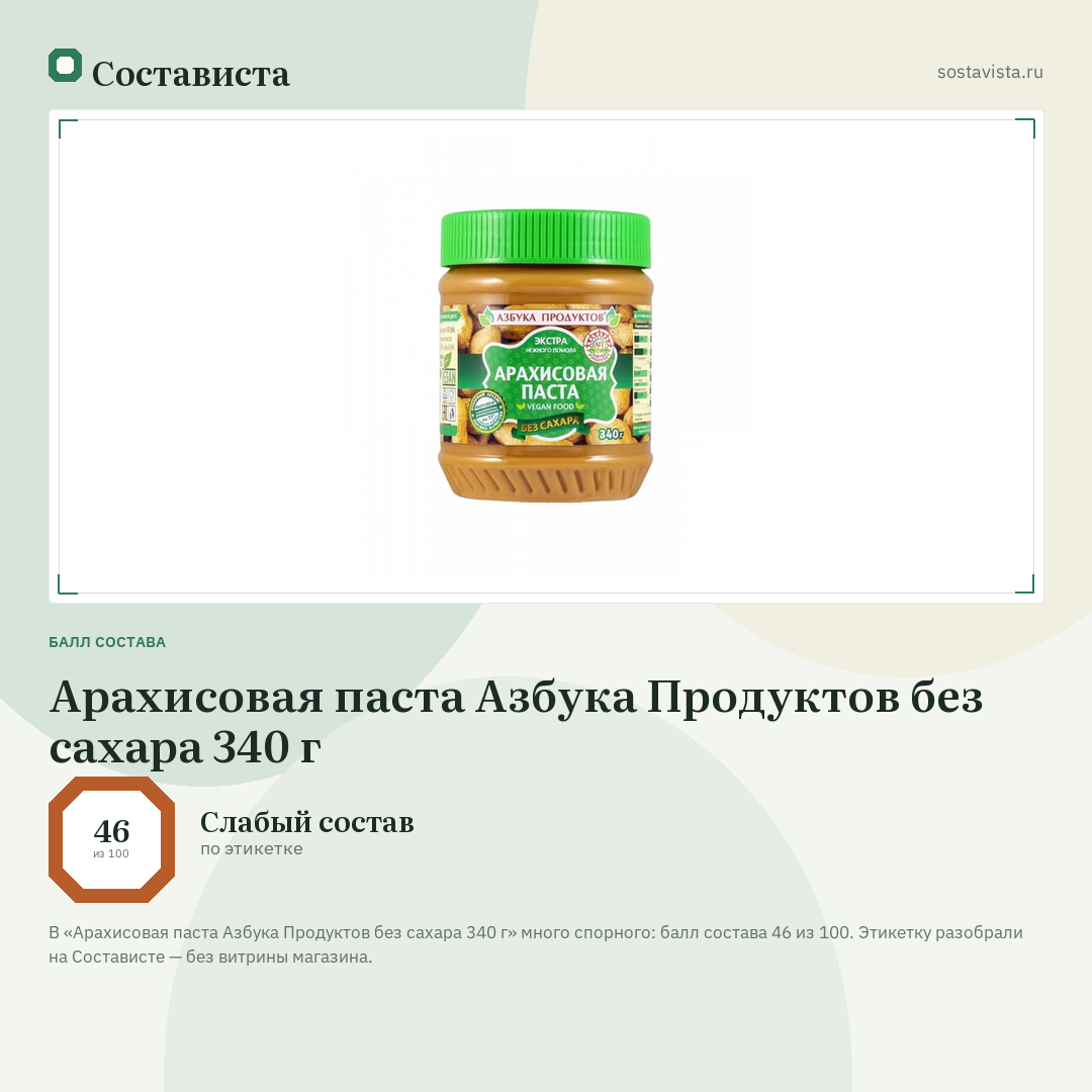 Арахисовая паста Азбука Продуктов без сахара 340 г: балл состава 46 из 100 — Состависта