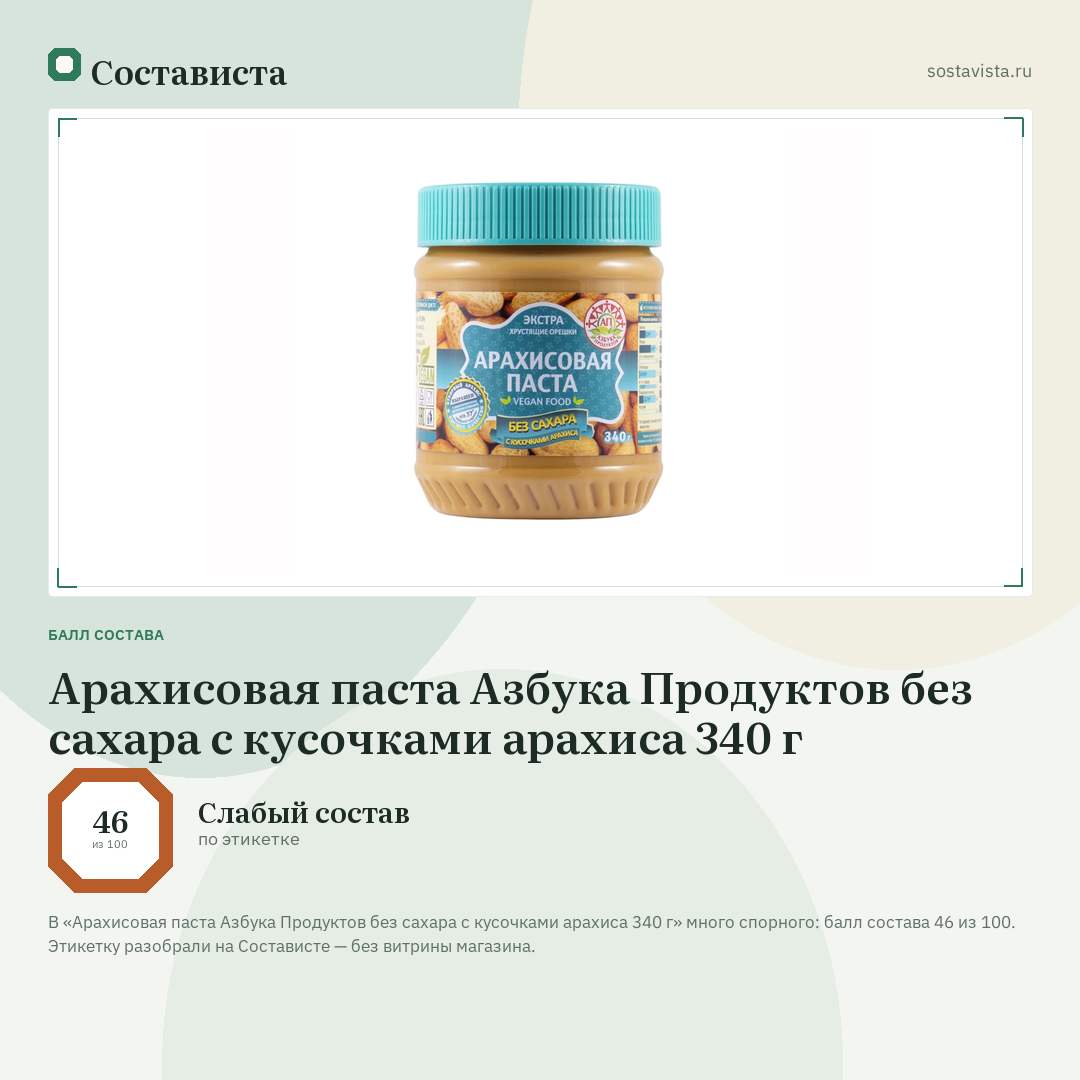Арахисовая паста Азбука Продуктов без сахара с кусочками арахиса 340 г: балл состава 46 из 100 — Состависта