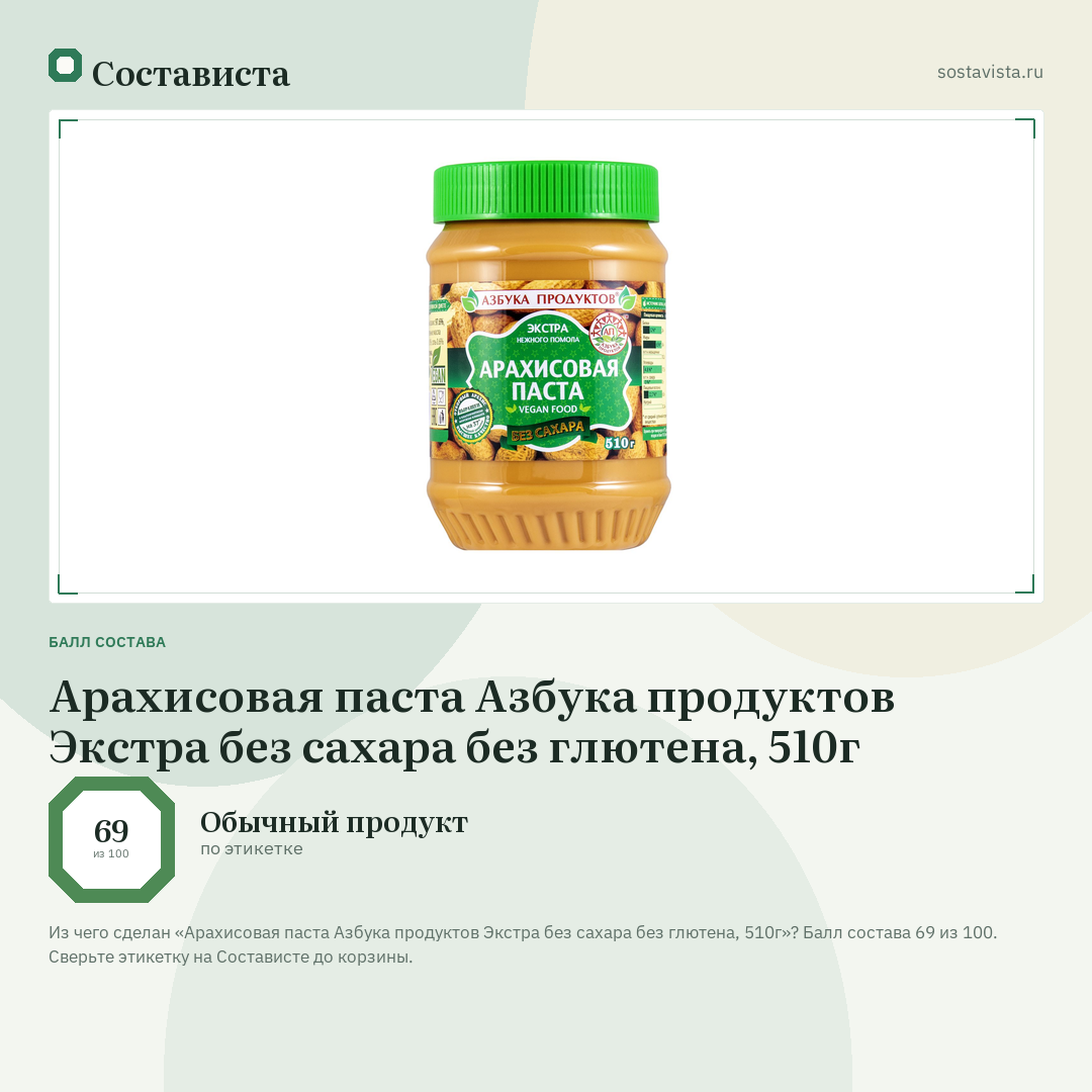 Арахисовая паста Азбука продуктов Экстра без сахара без глютена, 510г: балл состава 69 из 100 — Состависта