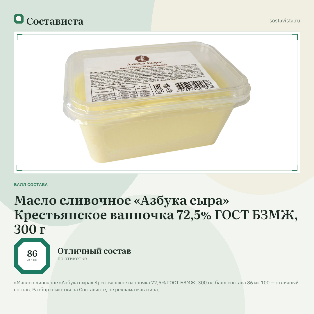 Масло сливочное «Азбука сыра» Крестьянское ванночка 72,5% ГОСТ БЗМЖ, 300 г: балл состава 86 из 100 — Состависта