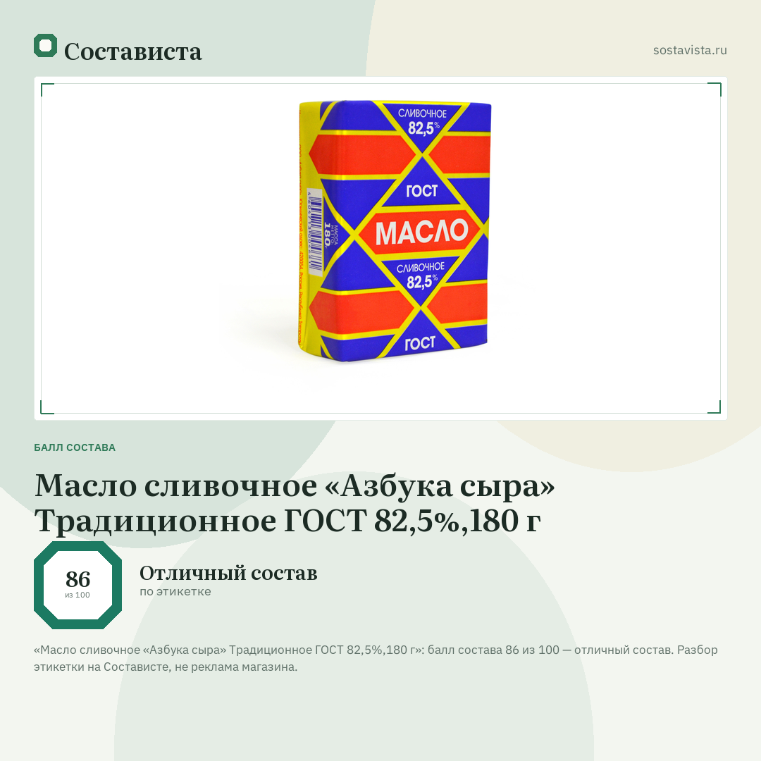 Масло сливочное «Азбука сыра» Традиционное ГОСТ 82,5%,180 г: балл состава 86 из 100 — Состависта