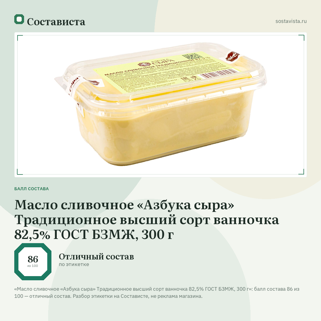 Масло сливочное «Азбука сыра» Традиционное высший сорт ванночка 82,5% ГОСТ БЗМЖ, 300 г: балл состава 86 из 100 — Состависта