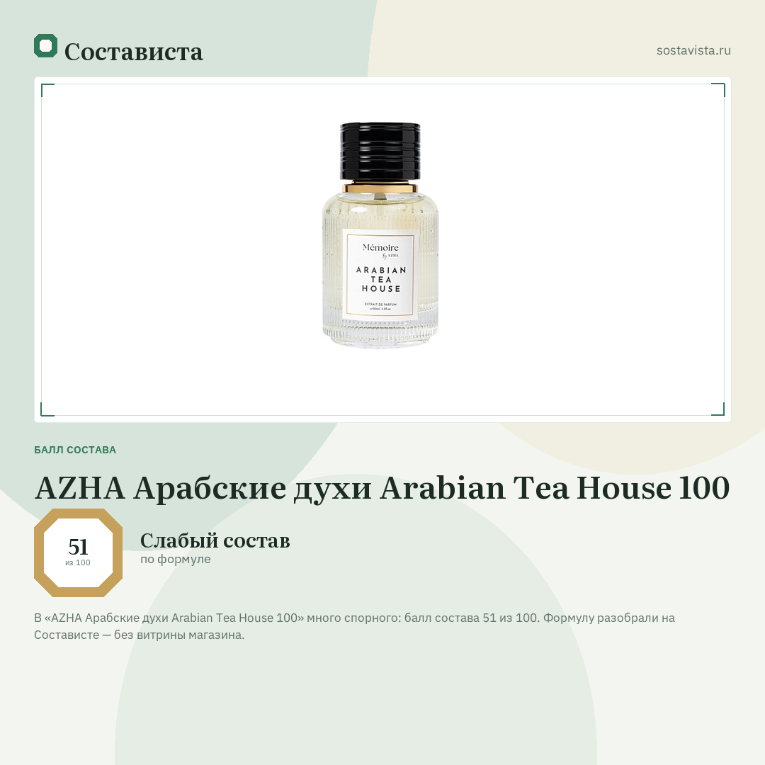 AZHA Арабские духи Arabian Tea House 100: балл состава 51 из 100 — Состависта