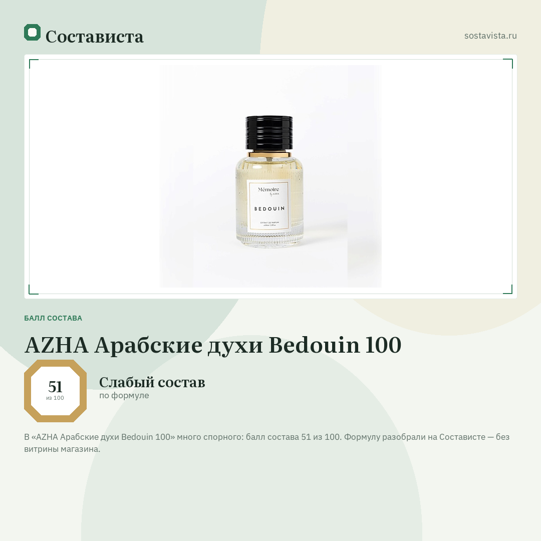 AZHA Арабские духи Bedouin 100: балл состава 51 из 100 — Состависта