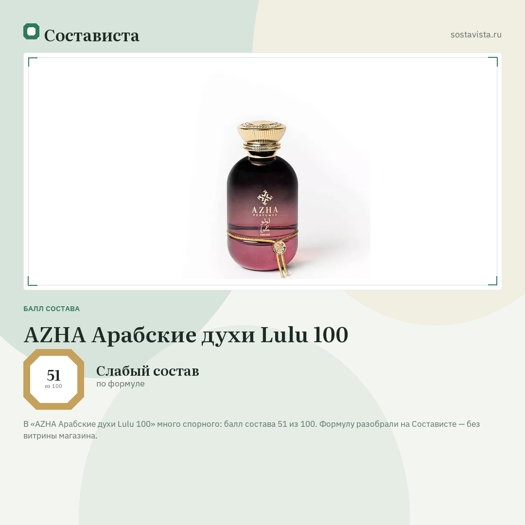 AZHA Арабские духи Lulu 100: балл состава 51 из 100 — Состависта