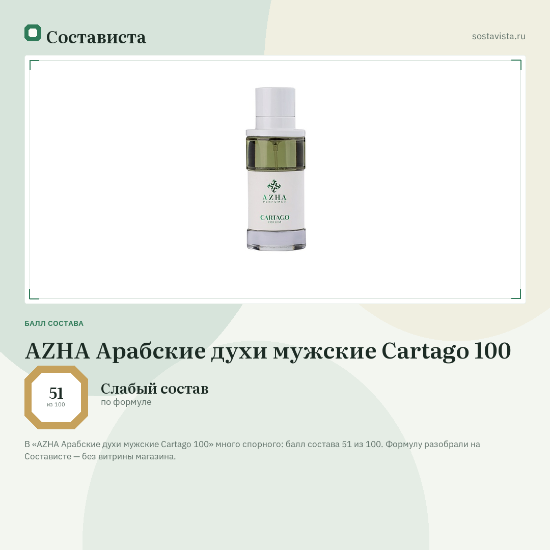 AZHA Арабские духи мужские Cartago 100: балл состава 51 из 100 — Состависта