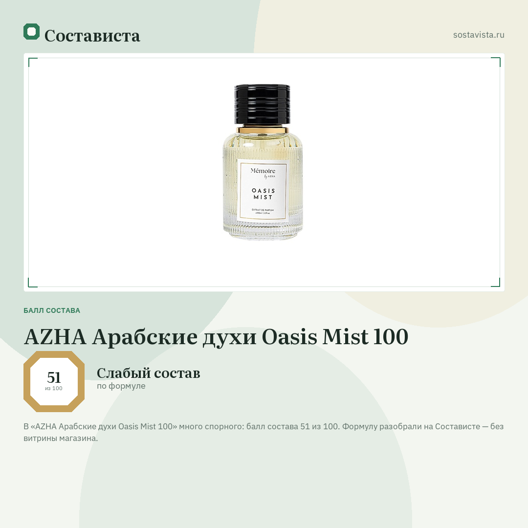 AZHA Арабские духи Oasis Mist 100: балл состава 51 из 100 — Состависта