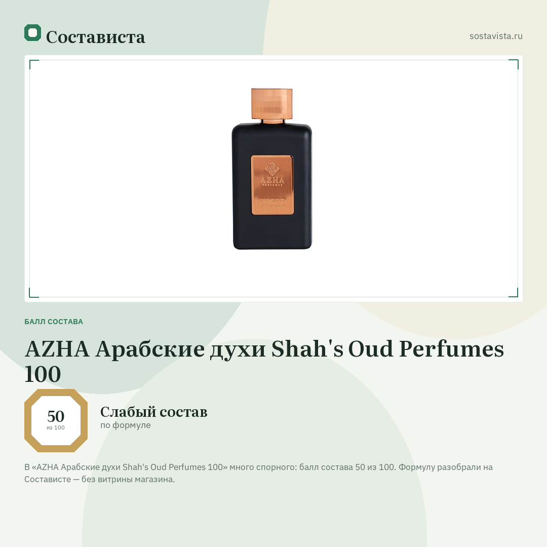 AZHA Арабские духи Shah's Oud Perfumes 100: балл состава 50 из 100 — Состависта