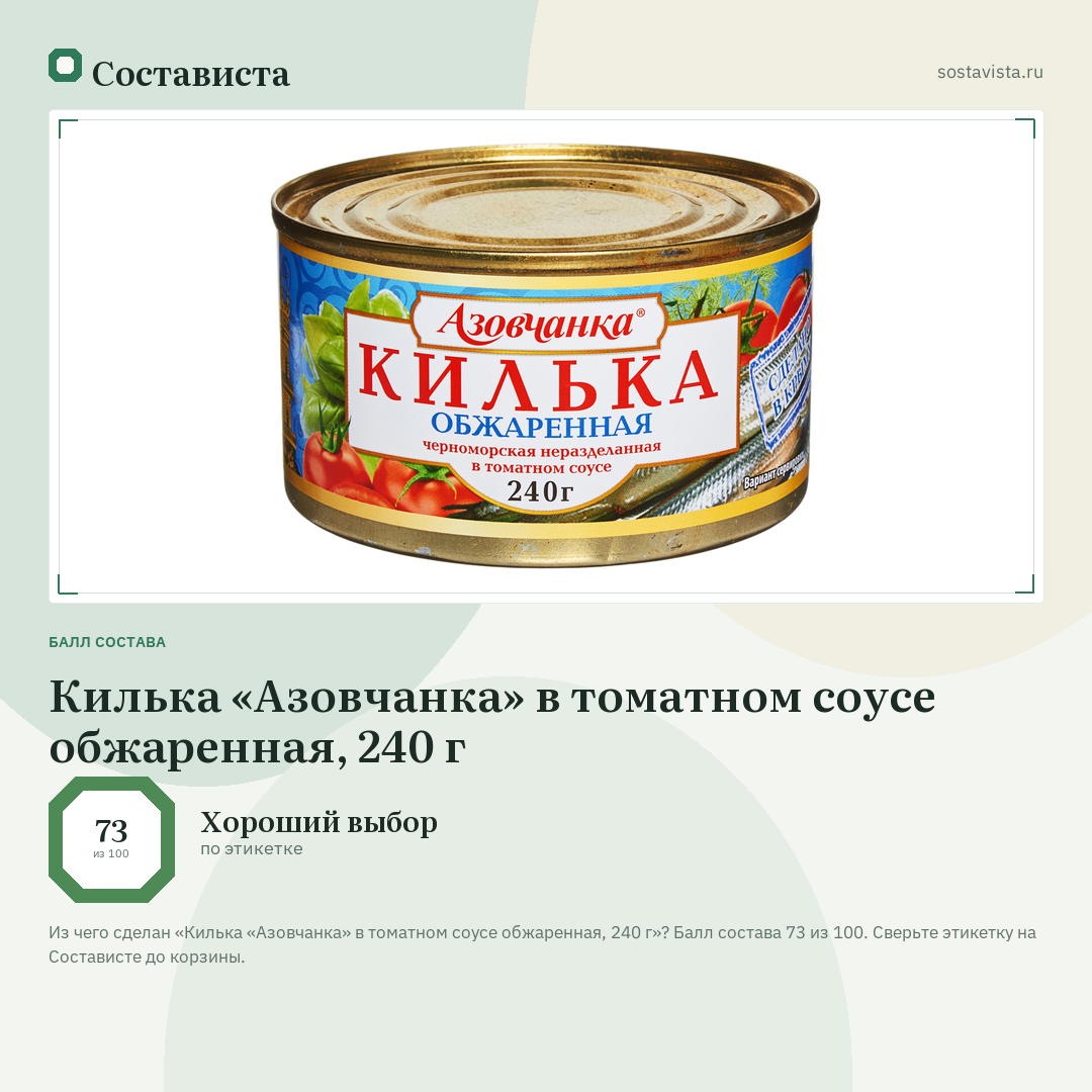 Килька «Азовчанка» в томатном соусе обжаренная, 240 г: балл состава 73 из 100 — Состависта