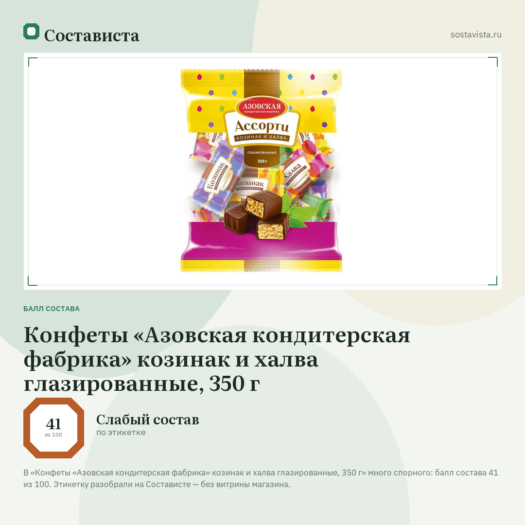 Конфеты «Азовская кондитерская фабрика» козинак и халва глазированные, 350 г: балл состава 41 из 100 — Состависта