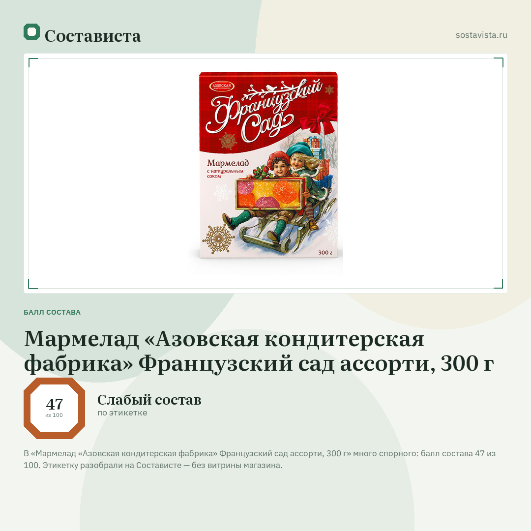 Мармелад «Азовская кондитерская фабрика» Французский сад ассорти, 300 г: балл состава 47 из 100 — Состависта