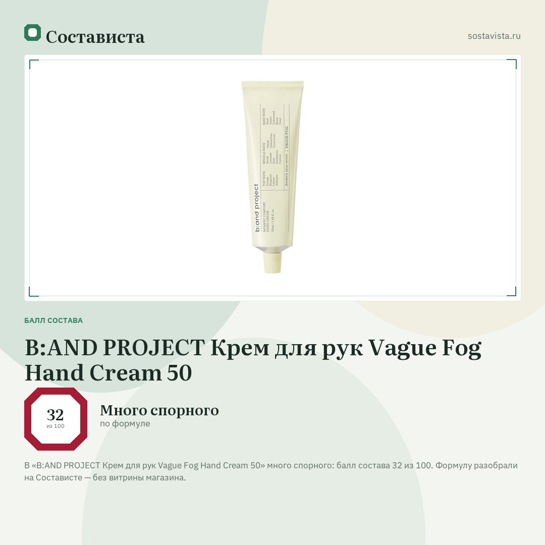 B:AND PROJECT Крем для рук Vague Fog Hand Cream 50: балл состава 32 из 100 — Состависта