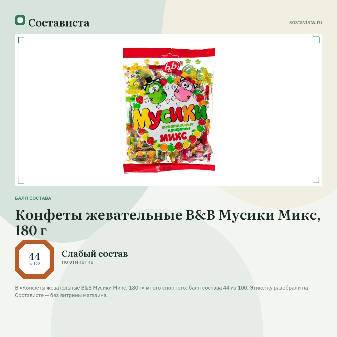 Конфеты жевательные B&B Мусики Микс, 180 г: балл состава 44 из 100 — Состависта