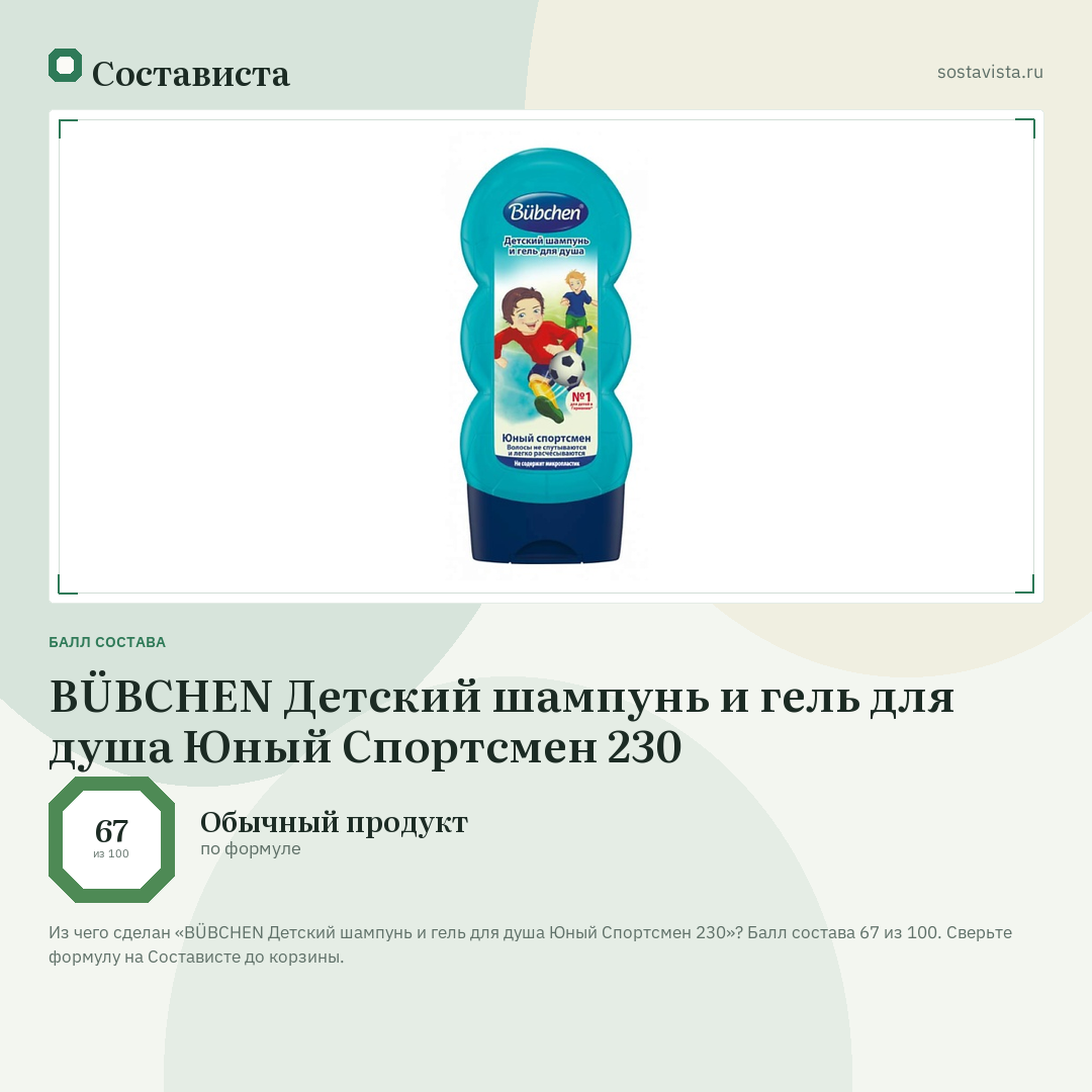 BÜBCHEN Детский шампунь и гель для душа Юный Спортсмен 230: балл состава 67 из 100 — Состависта