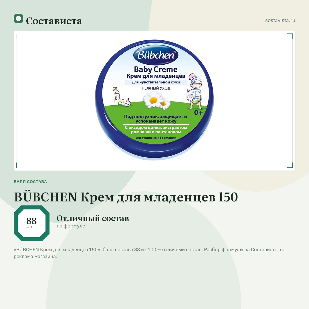 BÜBCHEN Крем для младенцев 150: балл состава 88 из 100 — Состависта