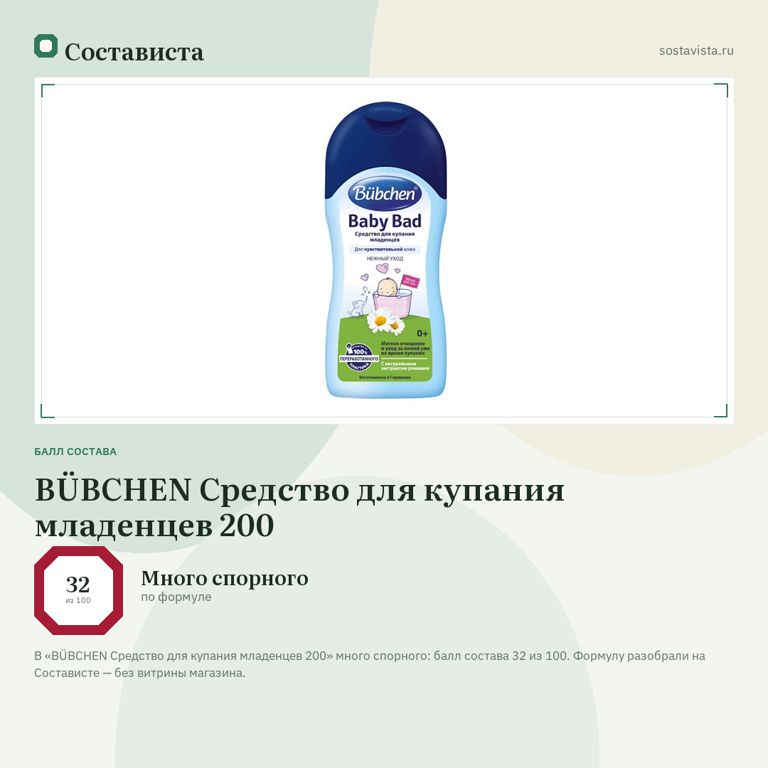 BÜBCHEN Средство для купания младенцев 200: балл состава 32 из 100 — Состависта