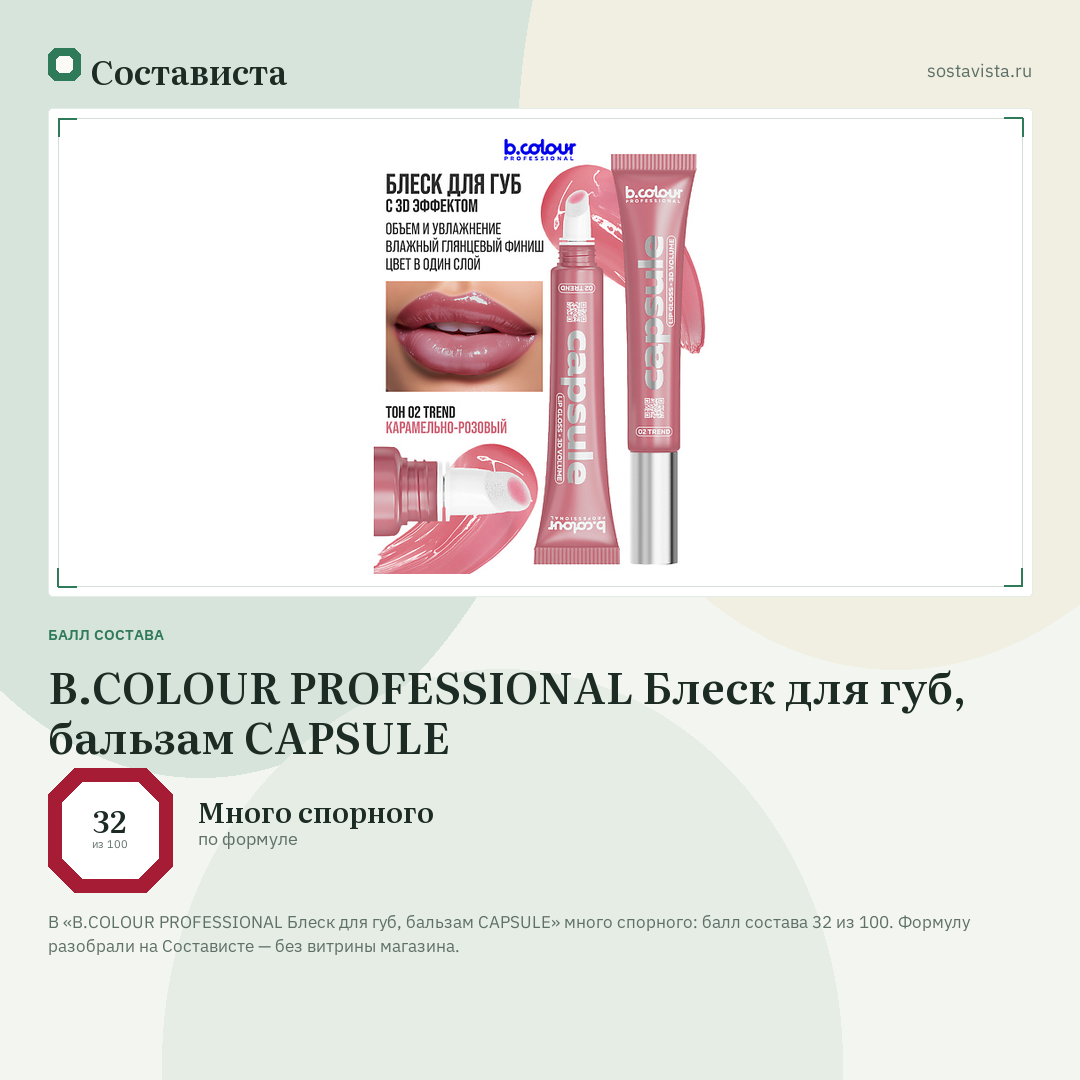 B.COLOUR PROFESSIONAL Блеск для губ, бальзам CAPSULE: балл состава 32 из 100 — Состависта