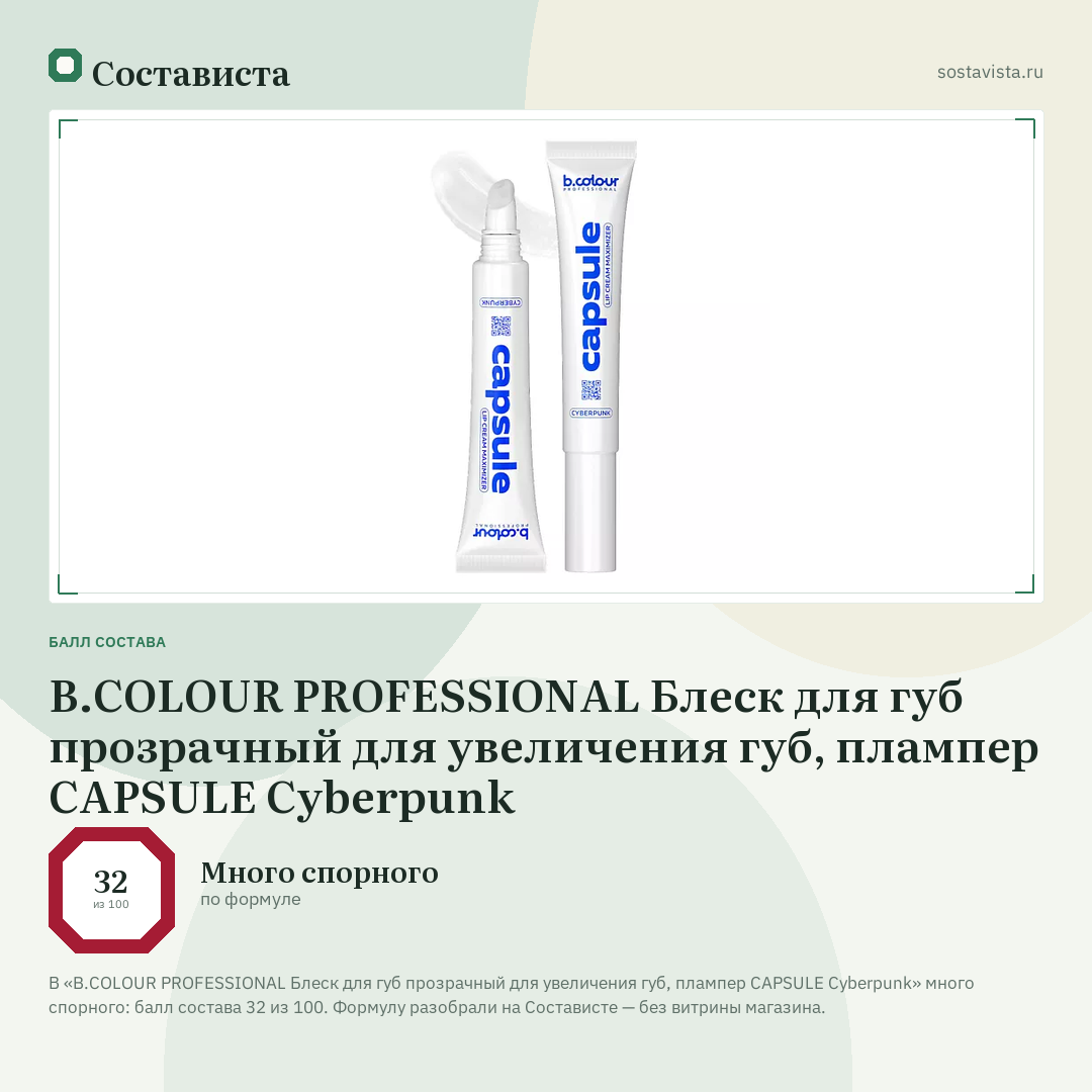 B.COLOUR PROFESSIONAL Блеск для губ прозрачный для увеличения губ, плампер CAPSULE Cyberpunk: балл состава 32 из 100 — Состависта