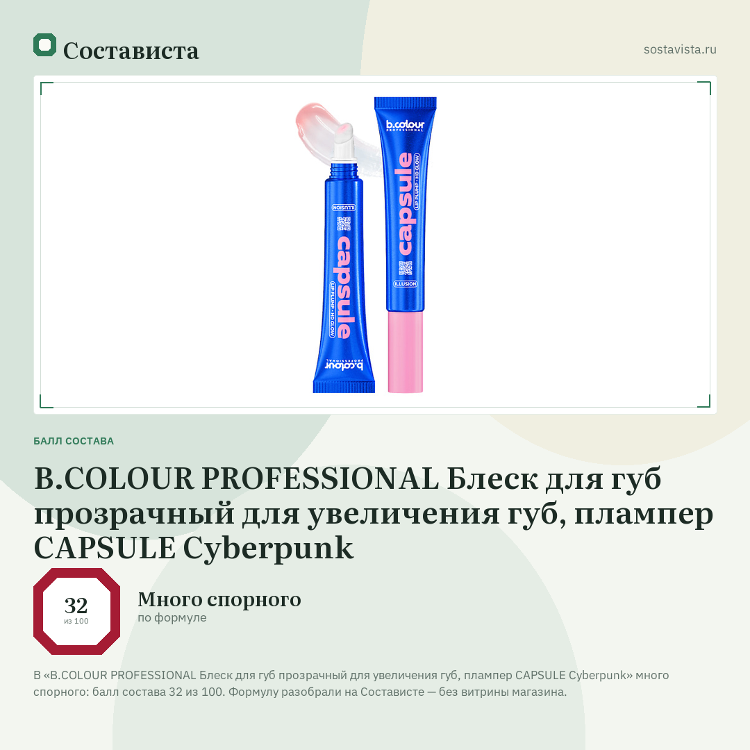 B.COLOUR PROFESSIONAL Блеск для губ прозрачный для увеличения губ, плампер CAPSULE Cyberpunk: балл состава 32 из 100 — Состависта