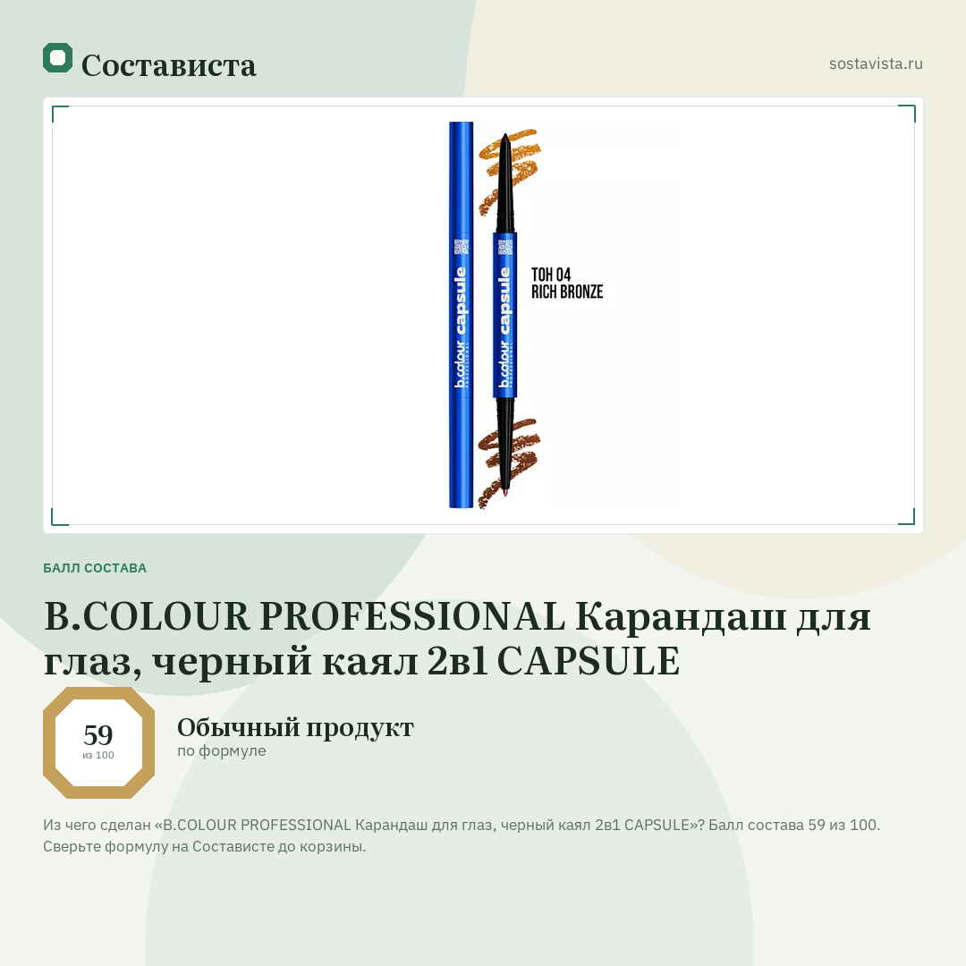 B.COLOUR PROFESSIONAL Карандаш для глаз, черный каял 2в1 CAPSULE: балл состава 59 из 100 — Состависта