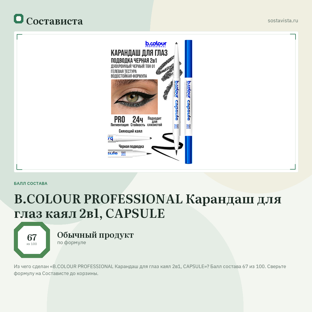 B.COLOUR PROFESSIONAL Карандаш для глаз каял 2в1, CAPSULE: балл состава 67 из 100 — Состависта