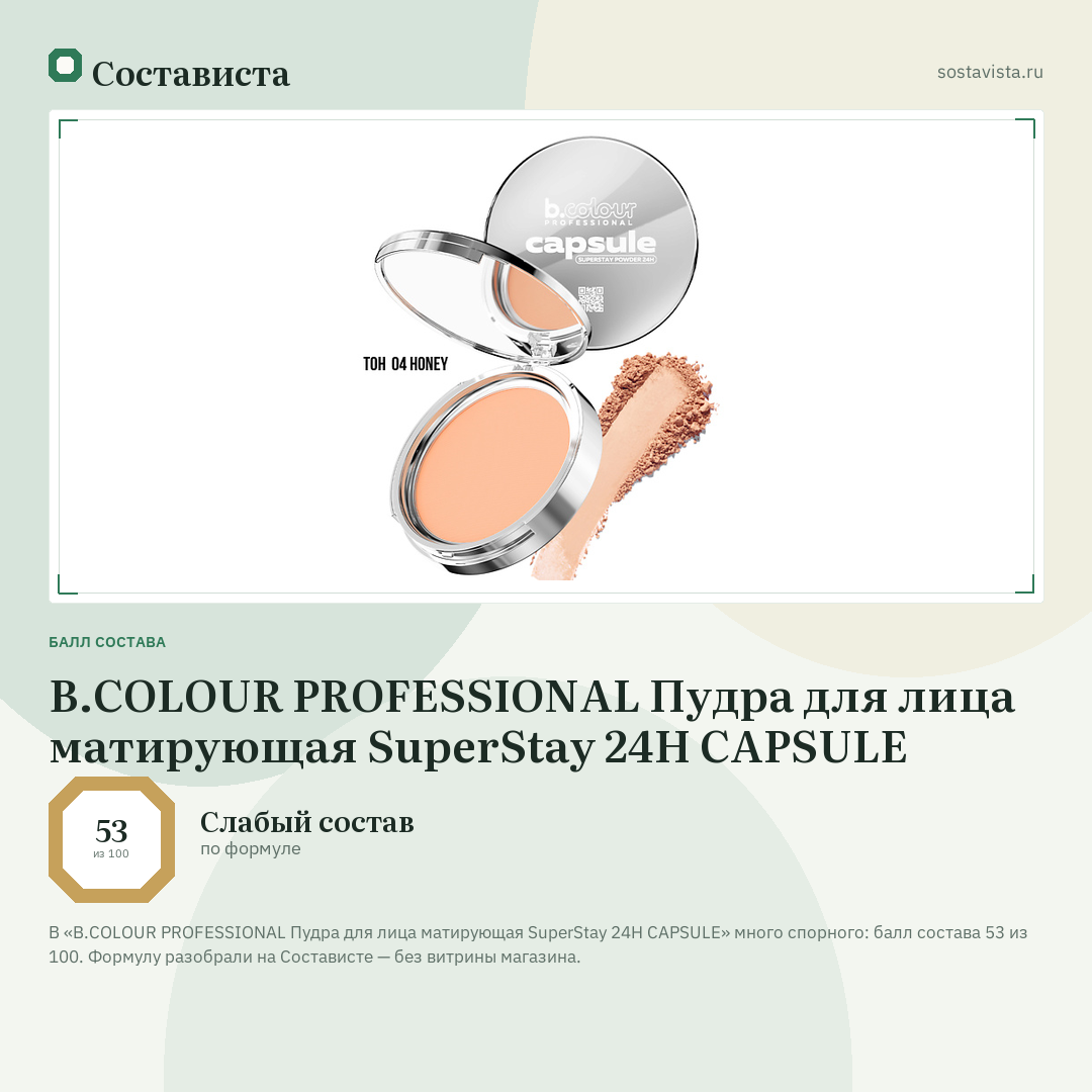 B.COLOUR PROFESSIONAL Пудра для лица матирующая SuperStay 24H CAPSULE: балл состава 53 из 100 — Состависта