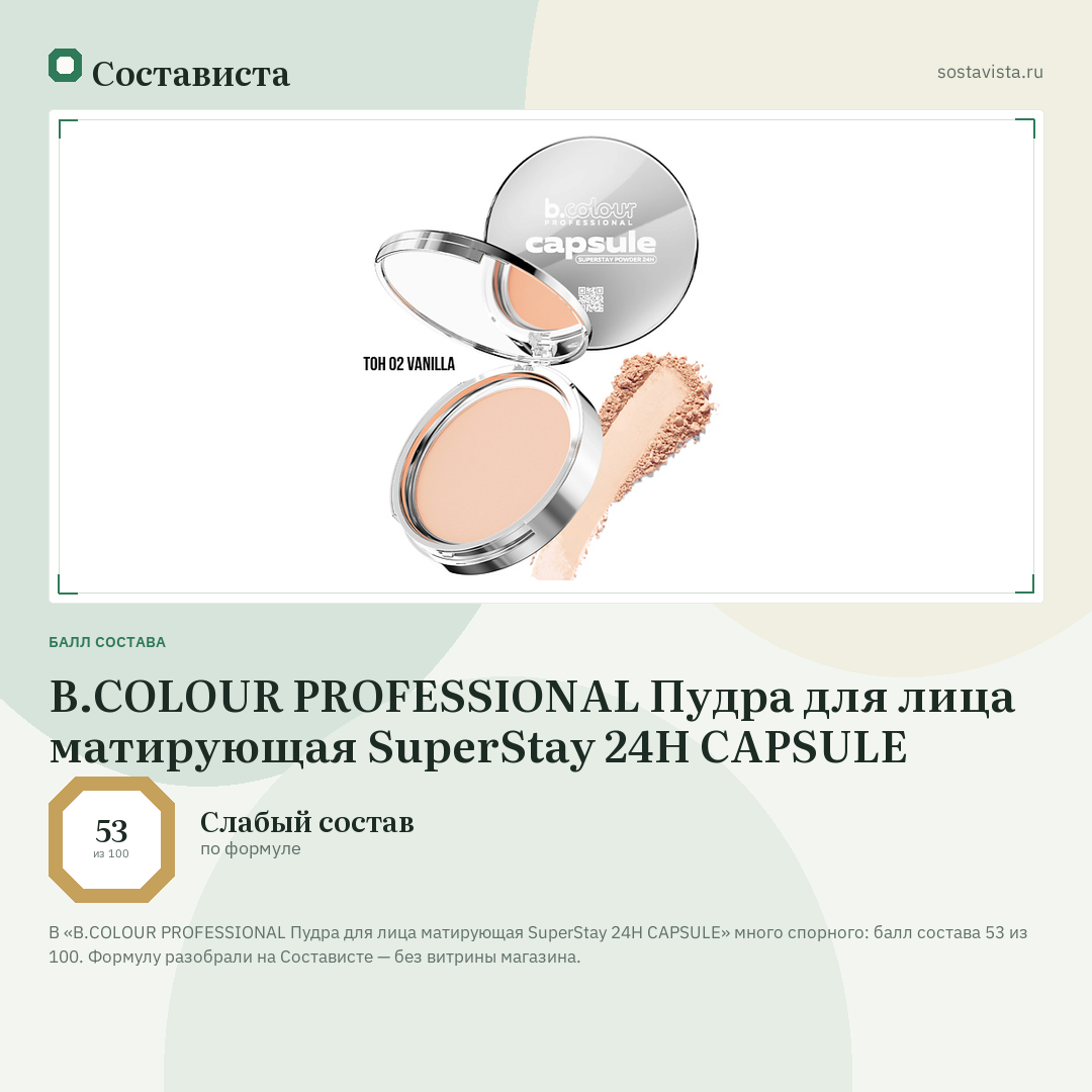 B.COLOUR PROFESSIONAL Пудра для лица матирующая SuperStay 24H CAPSULE: балл состава 53 из 100 — Состависта