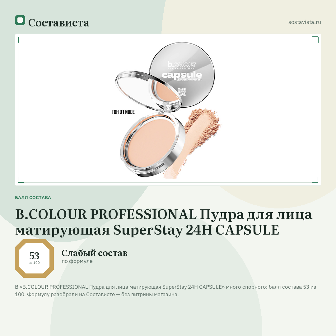 B.COLOUR PROFESSIONAL Пудра для лица матирующая SuperStay 24H CAPSULE: балл состава 53 из 100 — Состависта