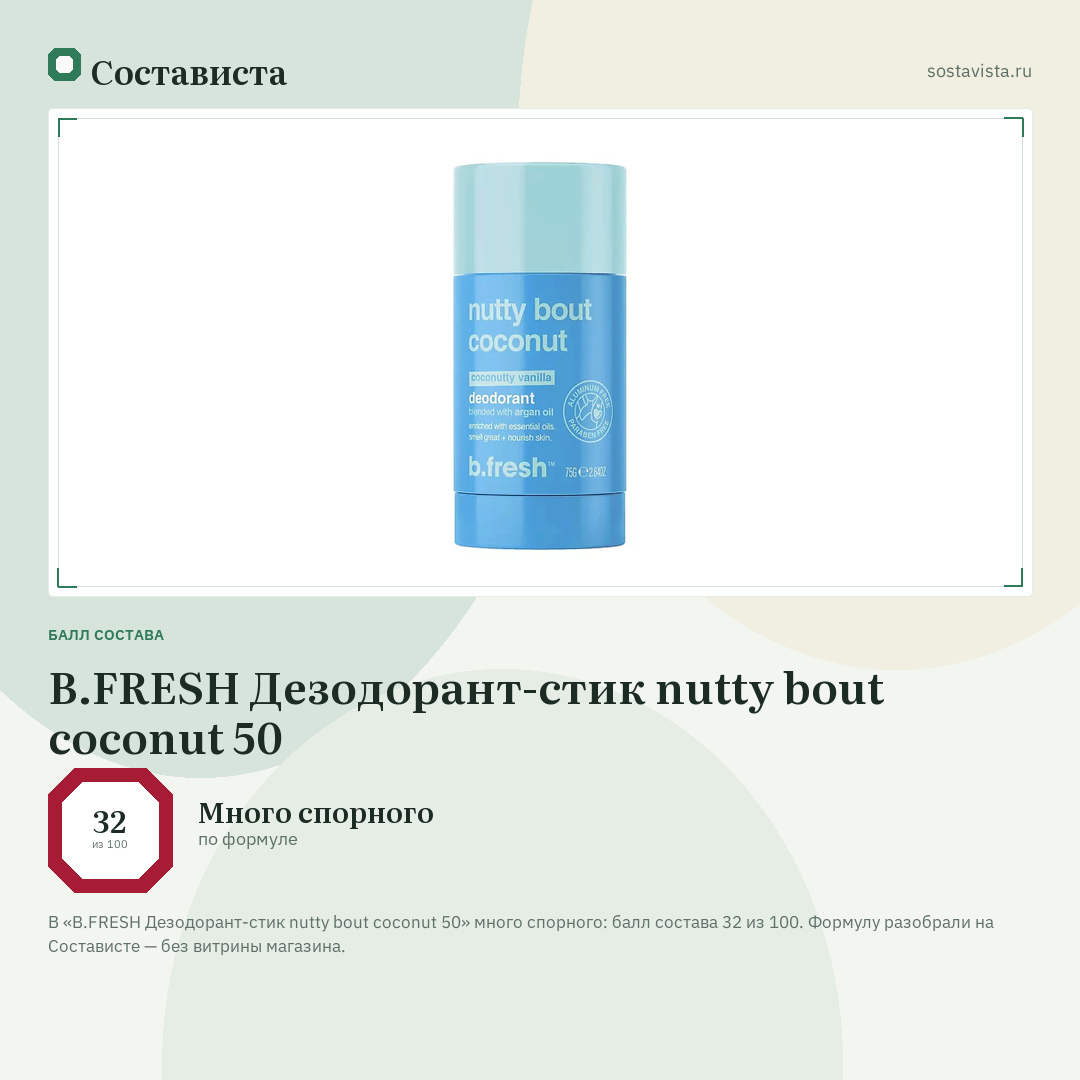 B.FRESH Дезодорант-стик nutty bout coconut 50: балл состава 32 из 100 — Состависта