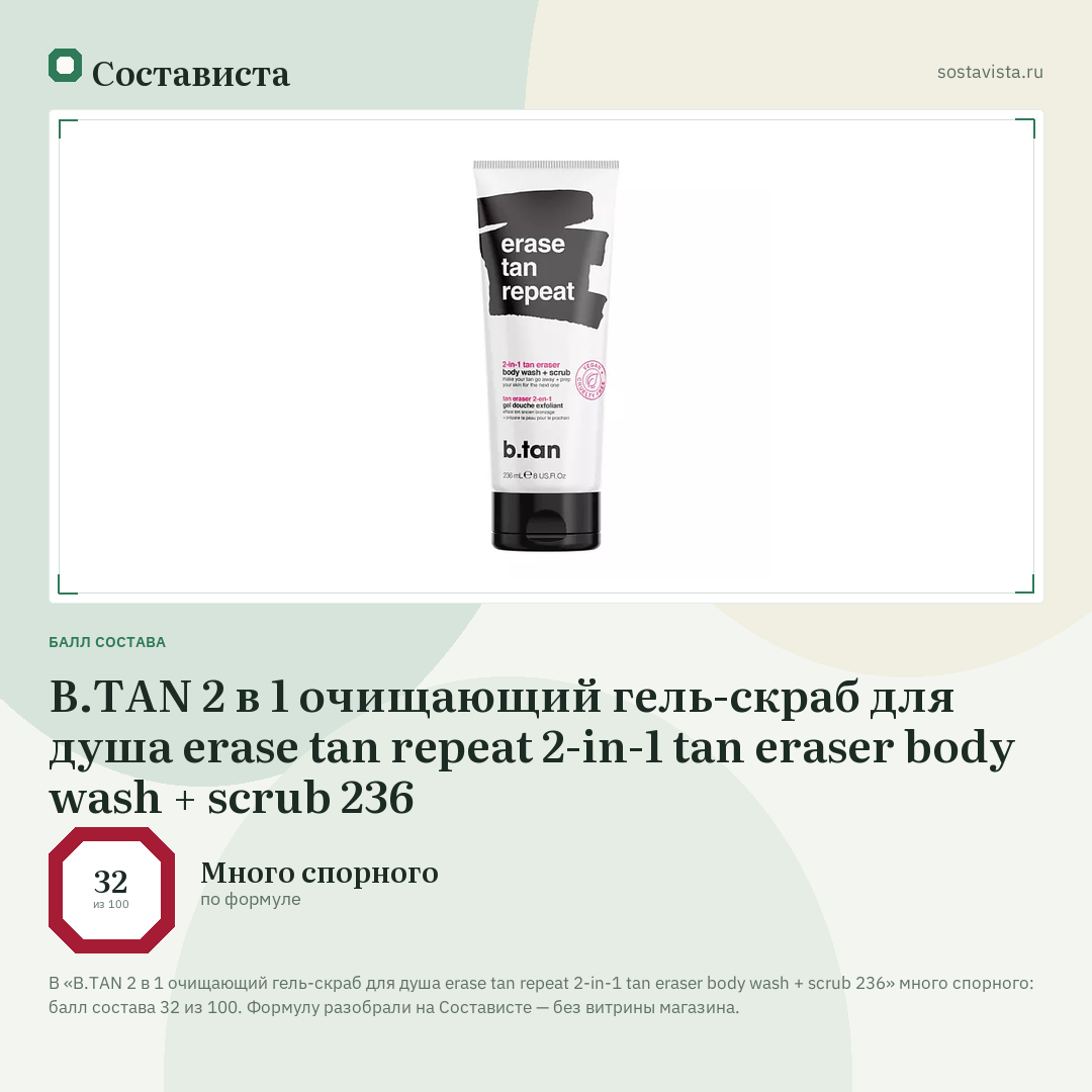 B.TAN 2 в 1 очищающий гель-скраб для душа erase tan repeat 2-in-1 tan eraser body wash + scrub 236: балл состава 32 из 100 — Состависта