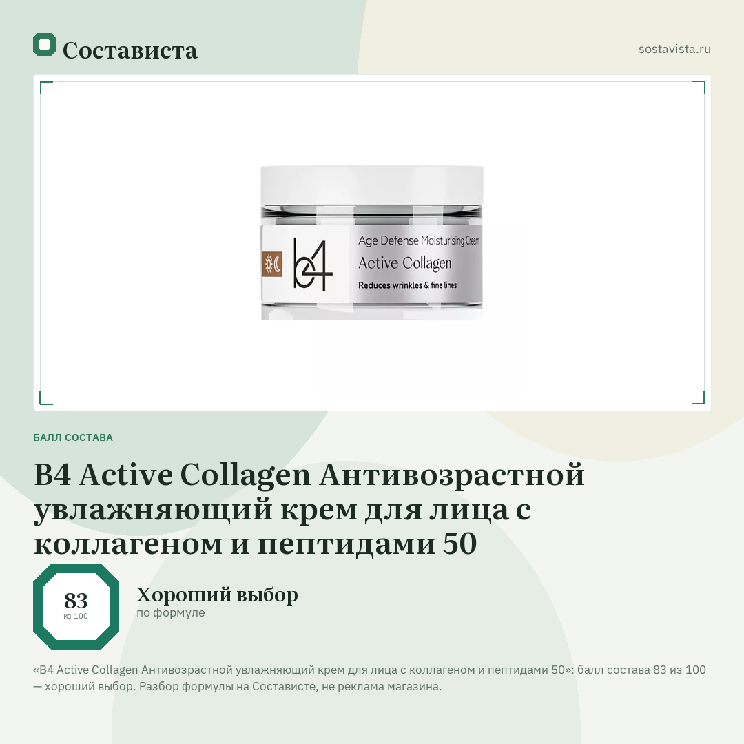B4 Active Collagen Антивозрастной увлажняющий крем для лица с коллагеном и пептидами 50: балл состава 83 из 100 — Состависта