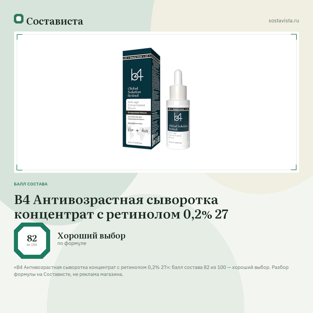 B4 Антивозрастная сыворотка концентрат с ретинолом 0,2% 27: балл состава 82 из 100 — Состависта