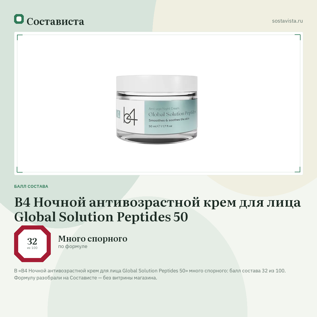 B4 Ночной антивозрастной крем для лица Global Solution Peptides 50: балл состава 32 из 100 — Состависта