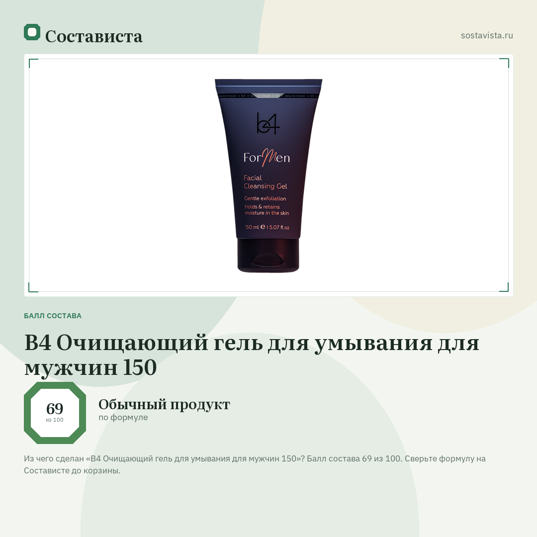B4 Очищающий гель для умывания для мужчин 150: балл состава 69 из 100 — Состависта