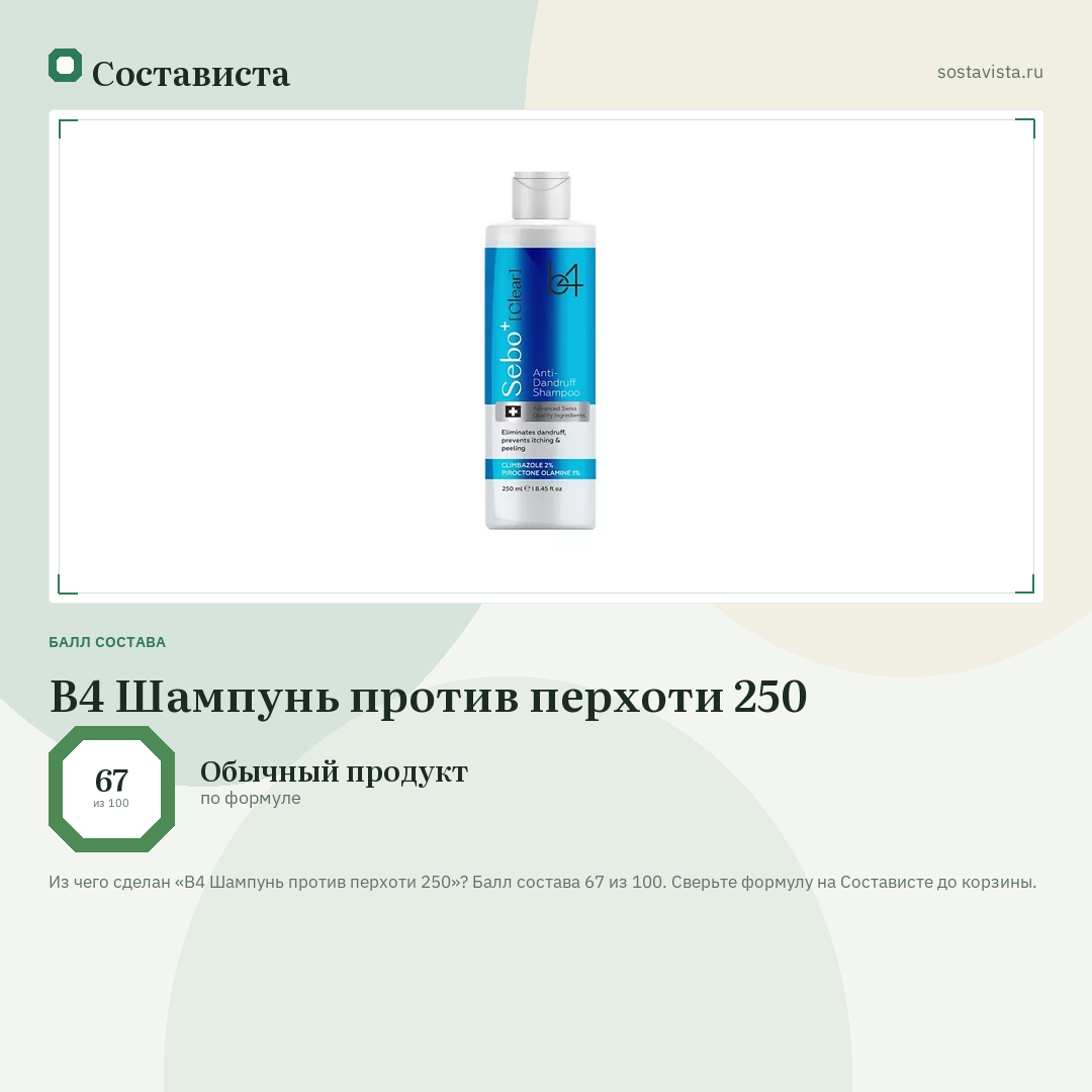 B4 Шампунь против перхоти 250: балл состава 67 из 100 — Состависта