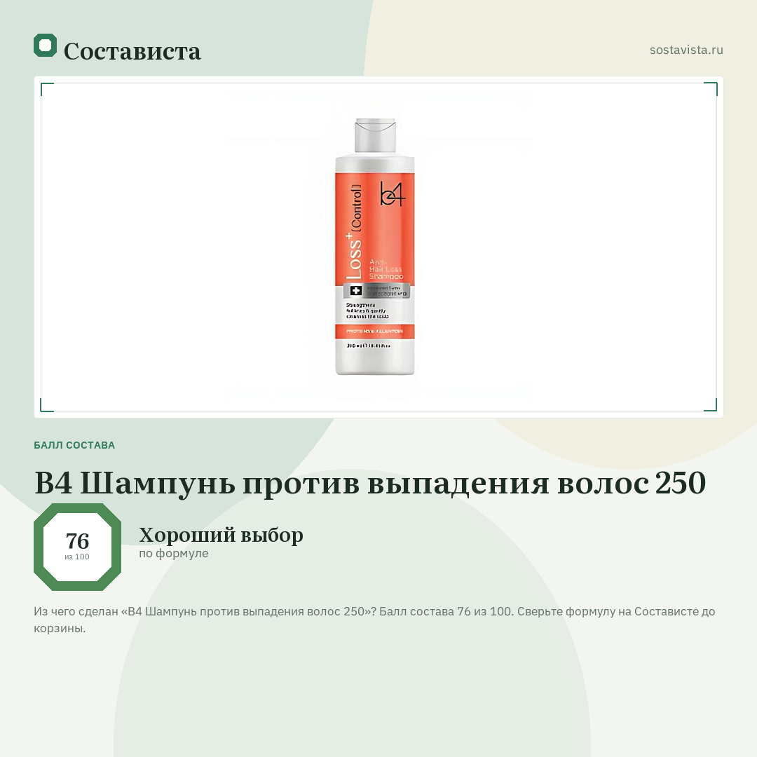B4 Шампунь против выпадения волос 250: балл состава 76 из 100 — Состависта