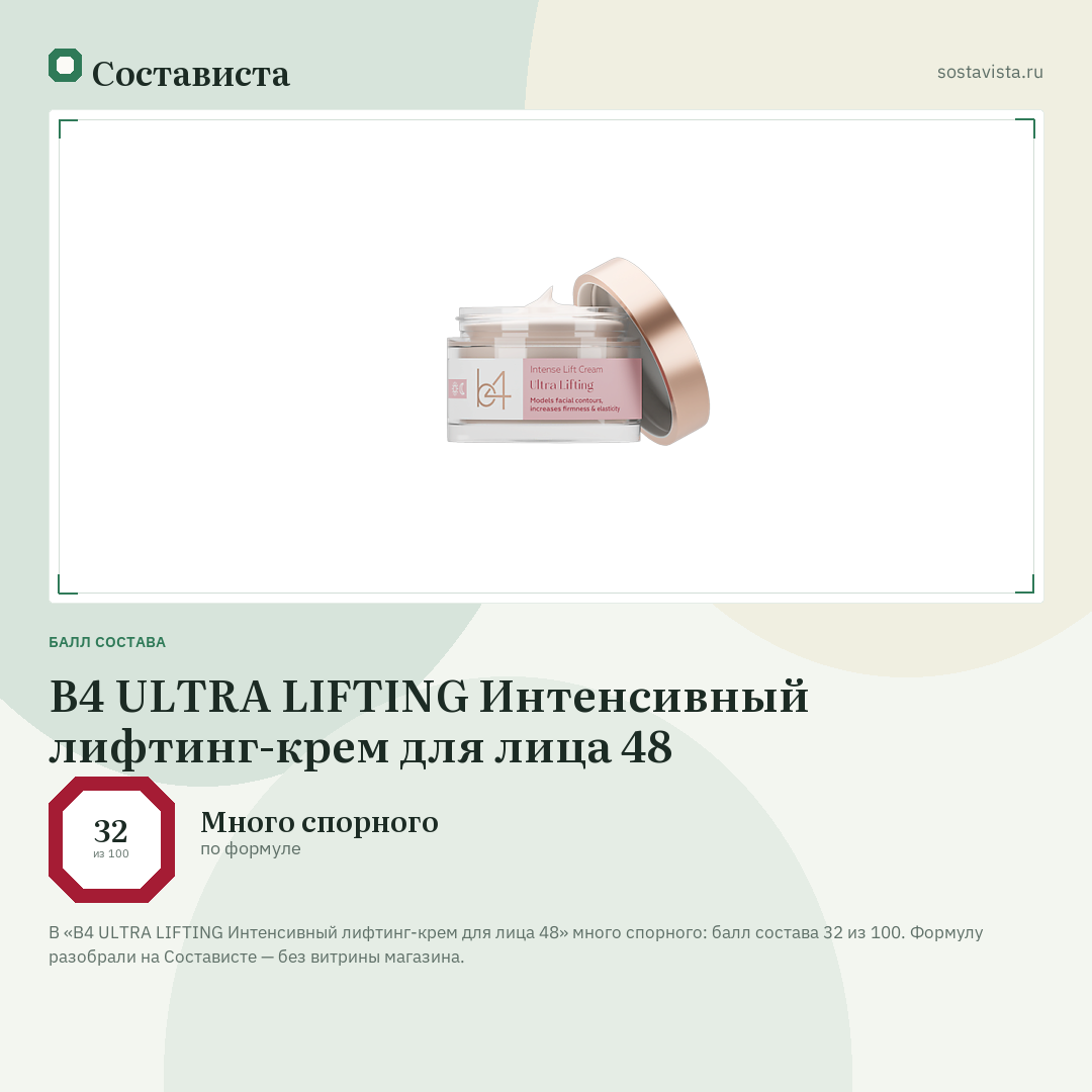 B4 ULTRA LIFTING Интенсивный лифтинг-крем для лица 48: балл состава 32 из 100 — Состависта