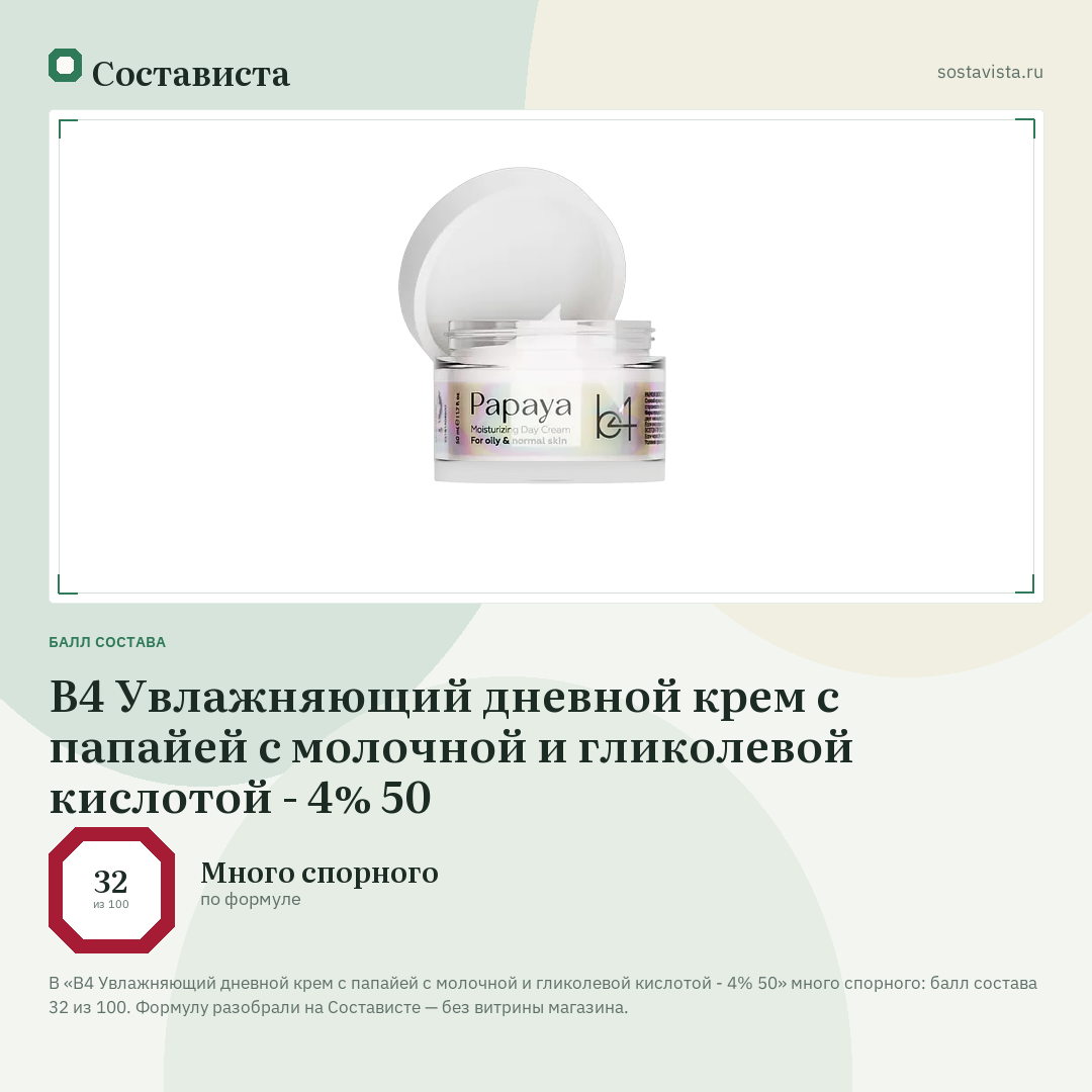 B4 Увлажняющий дневной крем с папайей с молочной и гликолевой кислотой - 4% 50: балл состава 32 из 100 — Состависта