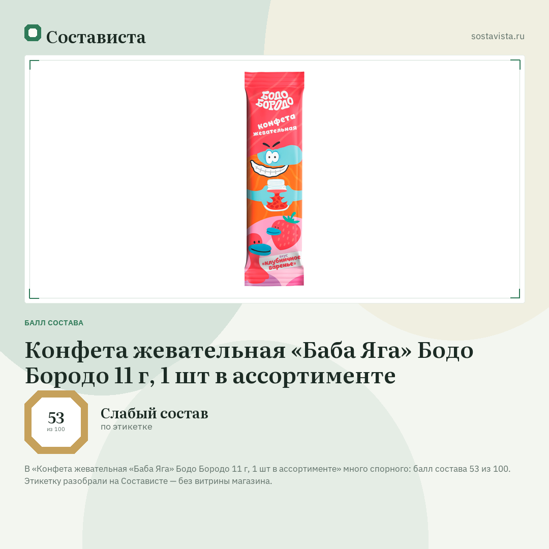 Конфета жевательная «Баба Яга» Бодо Бородо 11 г, 1 шт в ассортименте: балл состава 53 из 100 — Состависта