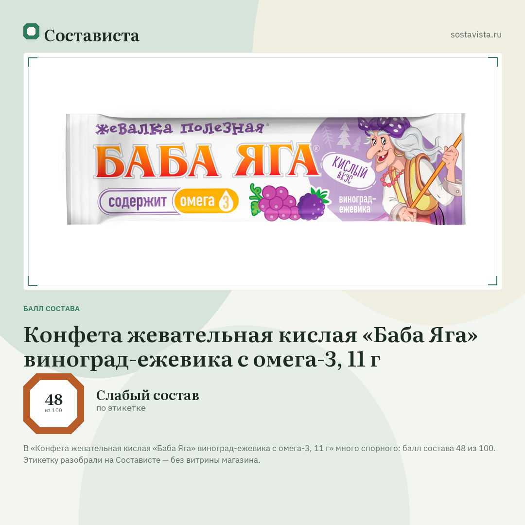 Конфета жевательная кислая «Баба Яга» виноград-ежевика с омега-3, 11 г: балл состава 48 из 100 — Состависта