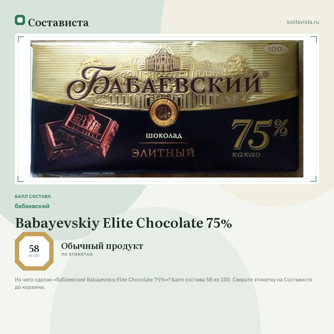 бабаевский Babayevskiy Elite Chocolate 75%: балл состава 58 из 100 — Состависта
