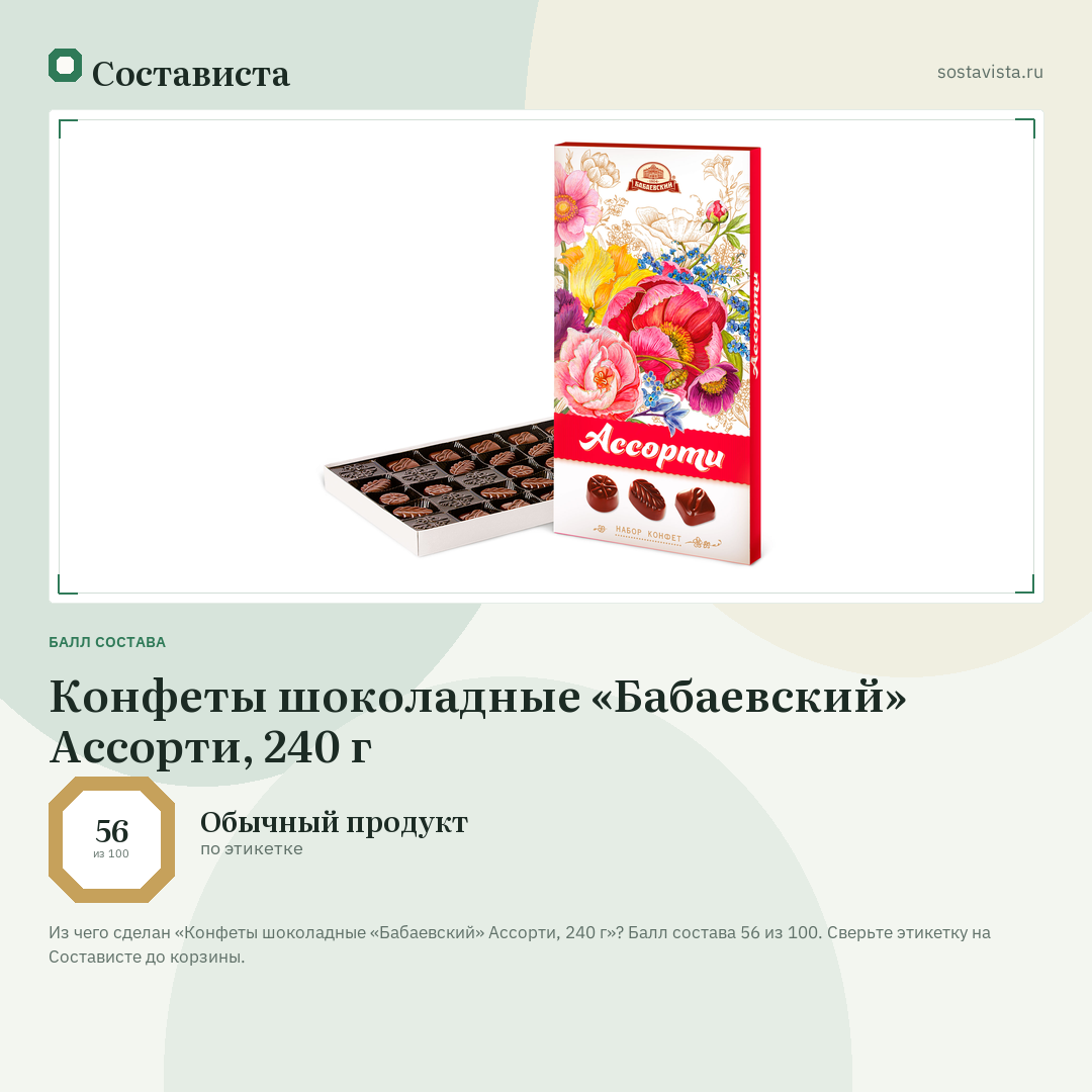 Конфеты шоколадные «Бабаевский» Ассорти, 240 г: балл состава 56 из 100 — Состависта