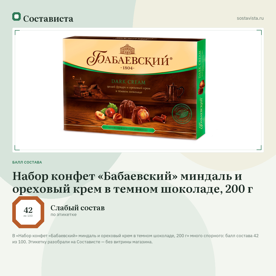 Набор конфет «Бабаевский» миндаль и ореховый крем в темном шоколаде, 200 г: балл состава 42 из 100 — Состависта