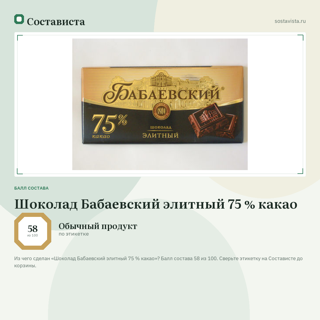 Шоколад Бабаевский элитный 75 % какао: балл состава 58 из 100 — Состависта