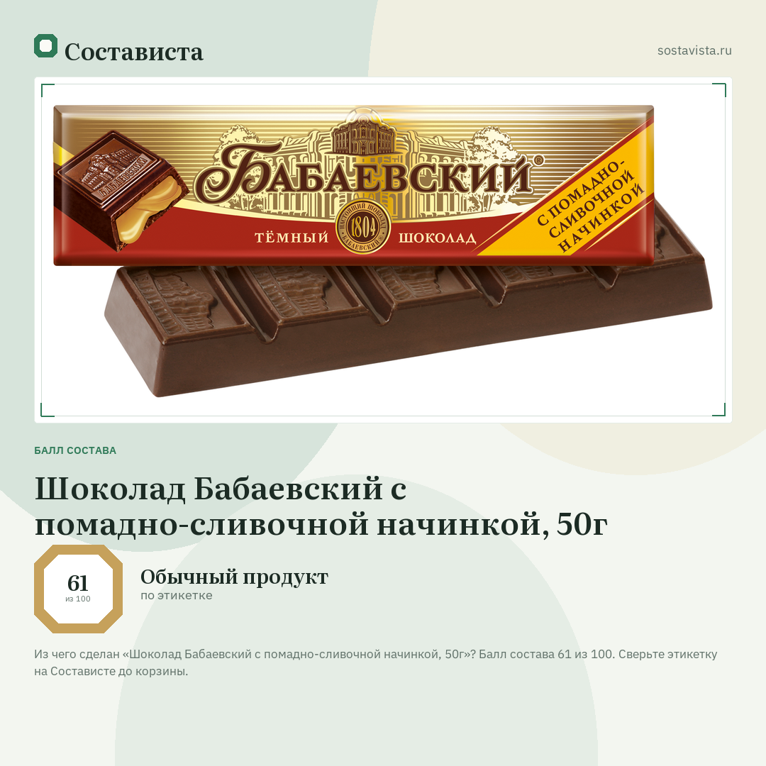 Шоколад Бабаевский с помадно-сливочной начинкой, 50г: балл состава 61 из 100 — Состависта