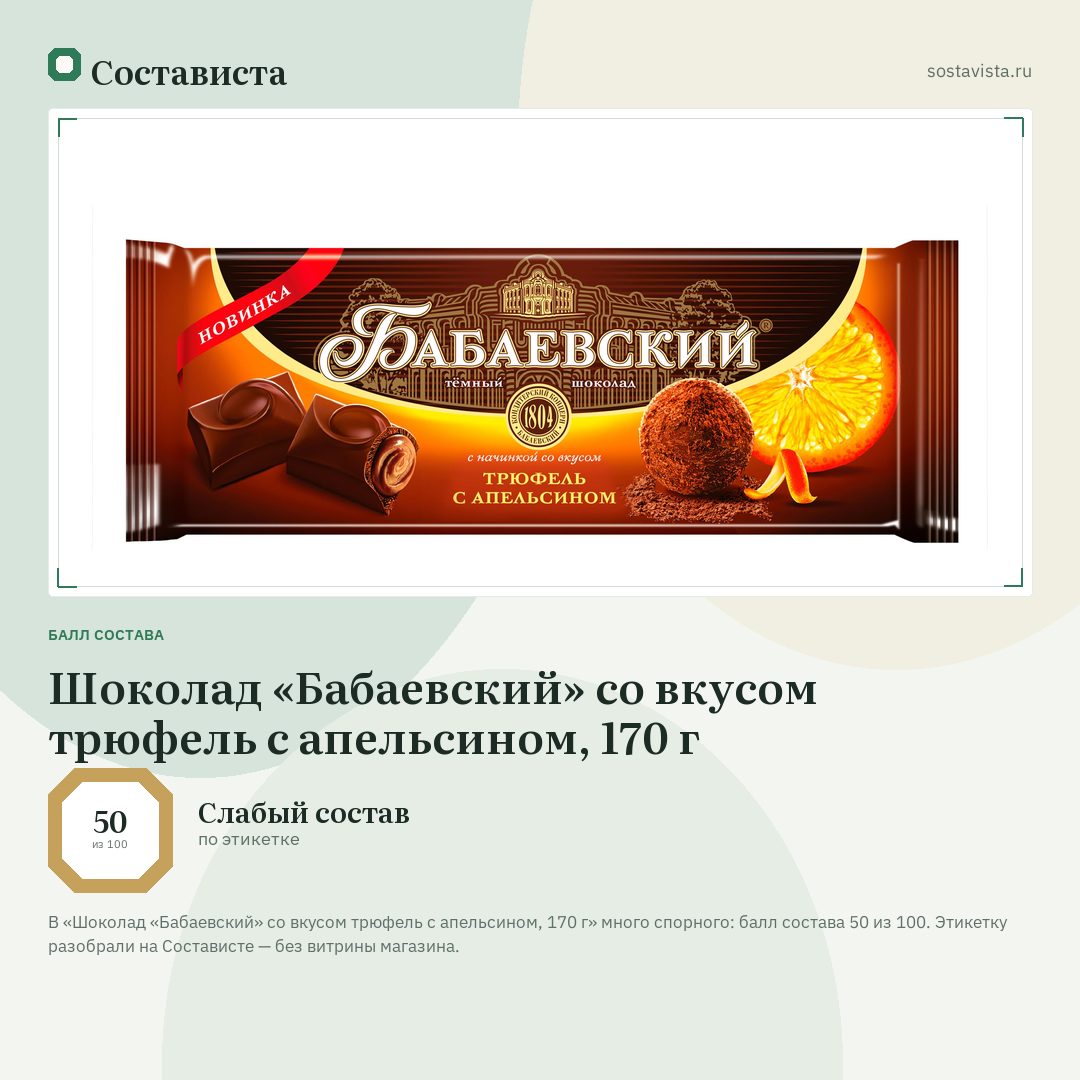 Шоколад «Бабаевский» со вкусом трюфель с апельсином, 170 г: балл состава 50 из 100 — Состависта